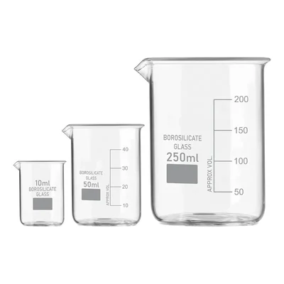 SBT Set of 3 Beaker 10ml, 50ml, 250ml with Graduation Marks, Borosilicate 3.3 Glass for Laboratory