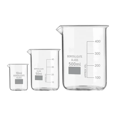 SBT Set of 3 Beaker 10ml, 50ml, 500ml with Graduation Marks, Borosilicate 3.3 Glass for Laboratory
