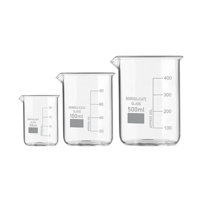 SBT Set of 3 Beaker 25ml, 100ml, 500ml with Graduation Marks, Borosilicate 3.3 Glass for Laboratory