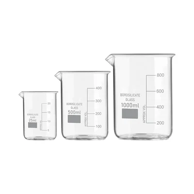 SBT Set of 3 Beaker 25ml, 500ml, 1000ml with Graduation Marks, Borosilicate 3.3 Glass for Laboratory