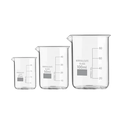 SBT Set of 3 Beaker 25ml, 50ml, 100ml with Graduation Marks, Borosilicate 3.3 Glass for Laboratory