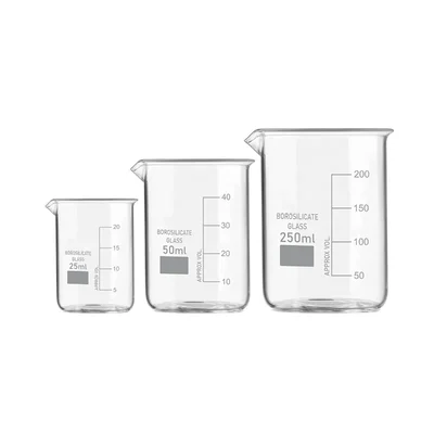 SBT Set of 3 Beaker 25ml, 50ml, 250ml with Graduation Marks, Borosilicate 3.3 Glass for Laboratory