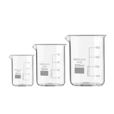 SBT Set of 3 Beaker 25ml, 50ml, 500ml with Graduation Marks, Borosilicate 3.3 Glass for Laboratory