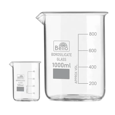 Bello Borosilicate 3.3, Set of 2 Glass Beaker 50 ml, 1000 ml with Graduation Marks for Chemistry Laboratory
