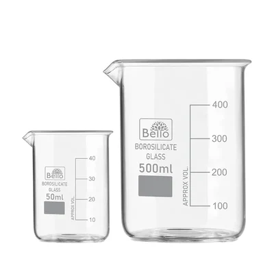 Bello Borosilicate 3.3, Set of 2 Glass Beaker 50 ml, 500 ml with Graduation Marks for Chemistry Laboratory
