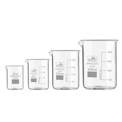 Bello Set of 4pcs Borosilicate 3.3 Glass Beakers with Graduation Marks, 10ml, 100ml, 250ml, 500ml Capacity for Laboratory