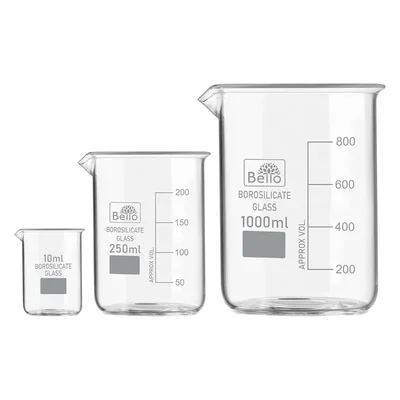 Bello Set of 3 Beaker 10ml, 250ml, 1000ml with Graduation Marks, Borosilicate 3.3 Glass for Laboratory