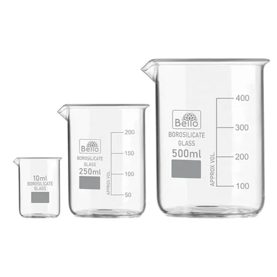 Bello Set of 3 Beaker 10ml, 250ml, 500ml with Graduation Marks, Borosilicate 3.3 Glass for Laboratory