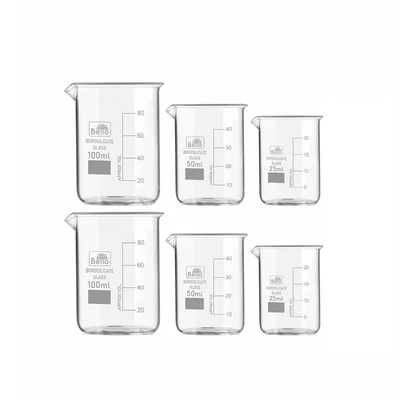 Bello 6pcs High Quality Borosilicate 3.3 Glass Beakers - 25ml x 2pcs, 50ml x 2pcs & 100ml x 2pcs with Graduation Marks