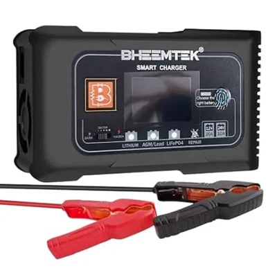Bheemtek 20A 12V/24V Smart Battery Charger for LiFePO4, AGM, SLA, Gel, Wet & VRLA – Trickle Charger for Cars, RVs, Lawn Mowers, Golf Carts & Marine Batteries