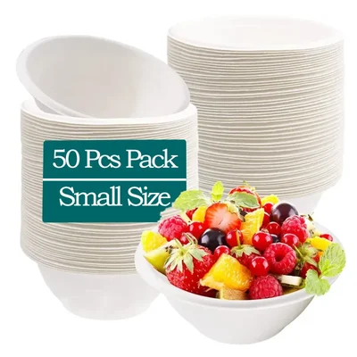 50 Pcs Bagasse Eco-Friendly Round Bowls, Perfect for Takeaway & Events(Size-Small)