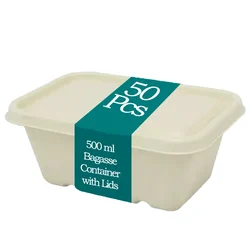 50pcs, 500 ml Bagasse Biodegradable Container with Lids