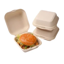 50 Pcs, Bagasse Disposable Takeaway Food Burger Box