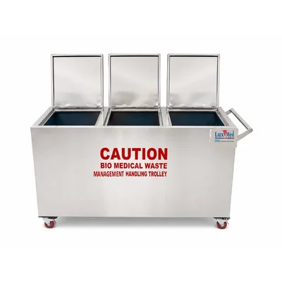 LuxMed SS304 Stainless Steel 3 Colour-Coded Compartments Bio Medical Waste Handling Trolley Lockable Castor Wheels