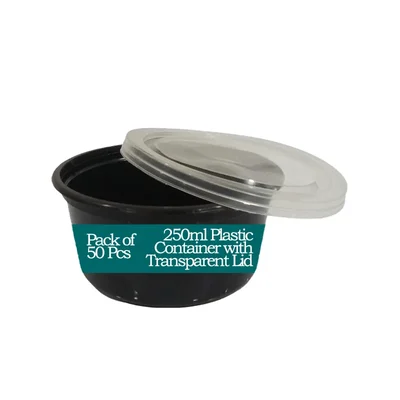 250ml Black Round Plastic Container with Transparent Lid for Food Delivery, Takeaway and Packaging(Pack-50)