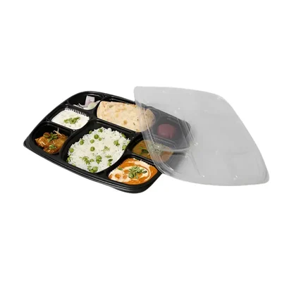 8 Compartment 300 Micron PP Meal Tray With Black Bottom and Clear Lid(Pack-500)