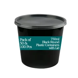 750ml Black Round Plastic Food Containers With Transparent Lid for Food Delivery, Takeaway and Packaging (Pack-50)