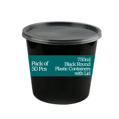 750ml Black Round Plastic Food Containers With Transparent Lid for Food Delivery, Takeaway and Packaging (Pack-50)