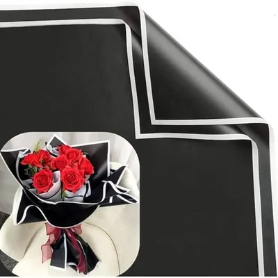 Pack of 2 Black White Aristocratic Border Korean Flower Wrapping 40 Sheets Waterproof Bouquet Packing with 3 Free Pull Bow Ribbons
