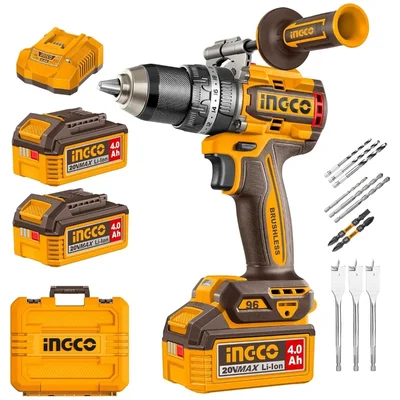 Ingco 13mm 20V Cordless 3-In-1 Mode Metal Chuck Impact Drill With Battery-Charger & Accessories, Max Torque 96Nm (CIDLI209686)