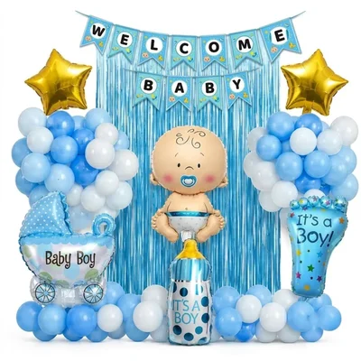 Pack of 10, 50, 100, 300, 500 | Blue Baby Boy Theme Jumbo Welcome Baby Celebration Kit Party Foil Balloons Fringe Curtain(Pack-10 pcs)