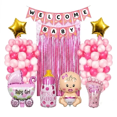 Pack of 10, 50, 100, 300, 500|Pink Baby Girl Theme Jumbo Welcome Baby Celebration Kit Party Foil Balloons Fringe Curtain(Pack-10 pcs)