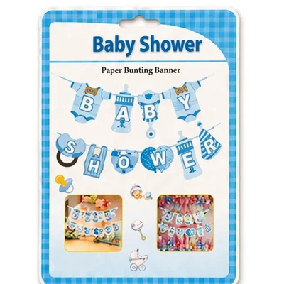 Paper Bunting Blue Baby Romper Theme Baby Shower Banner with Hanging Ribbon Decor(Pack-10 pcs)
