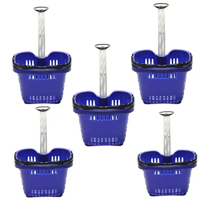 Bigapple 56 Liter Capacity Pack Of 5 Heavy Weight King Shopping Basket with Wheels and Aluminium Handle | Blue Colour
