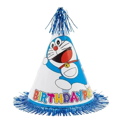 Pack of 500 Pcs (50 Packs x 10) Blue Doraemon Themed Fur Birthday Caps for Party Celebration with Elastic Strap