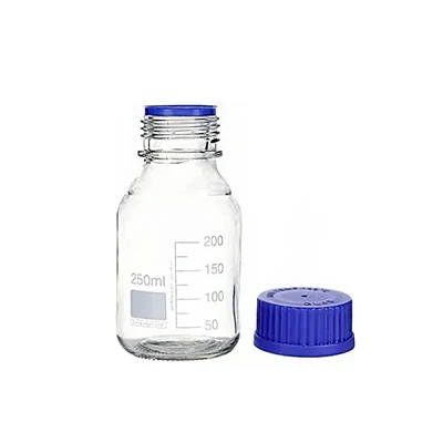 COMETEK 250ml Borosilicate 3.3 Glass Reagent Bottle, Transparent with Blue Screw Cap and White Graduation Marks for Lab