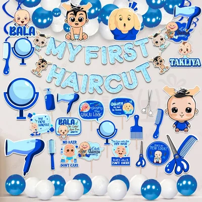Pack Of 3 | 54 Pcs Blue Theme Baby’s First Hair Cut Mundan Ceremony Decoration Kit