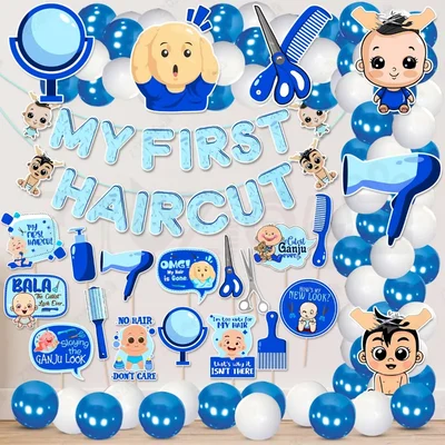 Pack Of 3 | 48 Pcs Blue Theme Mundan Ceremony Decoration Kit 1st Hair Cut Paper Banner Balloons Cardstock Cutouts Props