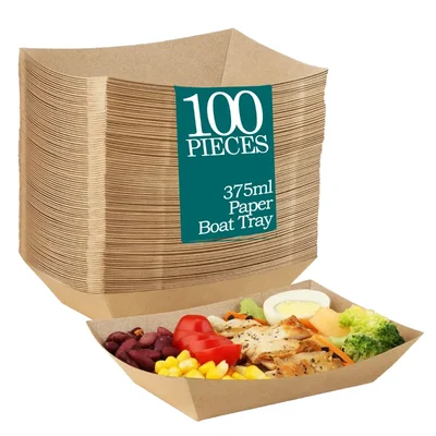 100 Pcs, Brown Paper Boat Tray for Snack, Cookies(Capacity-375 ml)