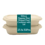 Premium 900ml Bagasse Boat-Shaped Food Container with Lid