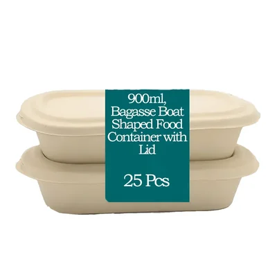 Premium 900ml Bagasse Boat-Shaped Food Container with Lid (Pack-25 pcs)