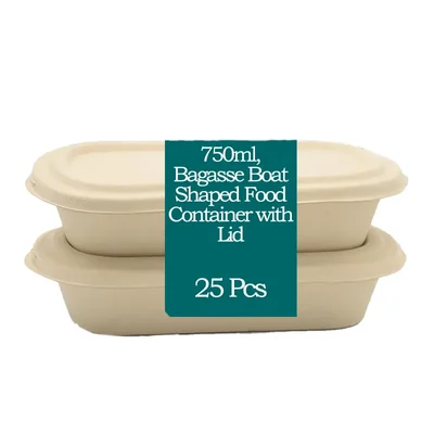 750ml, Bagasse Boat Shaped Food Container with Lid, Bio-Degradable(Pack-25 pcs)