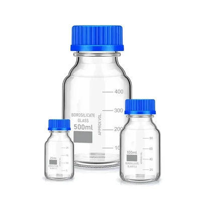 VVS 3.3 Boro Glass Reagent Bottle Set 25ml 100ml 500ml Blue Cap Lab Storage 3pcs
