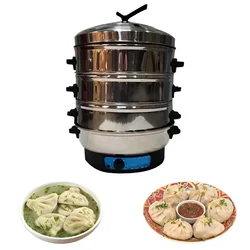Commercial 3-Tier Electric Momo, Rice, Corn Steamer With Timer(Size-40 Cm Pot)