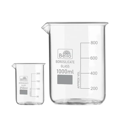Bello Borosilicate 3.3, Set of 2 Glass Beaker 250 ml, 1000 ml with Graduation Marks for Chemistry Laboratory