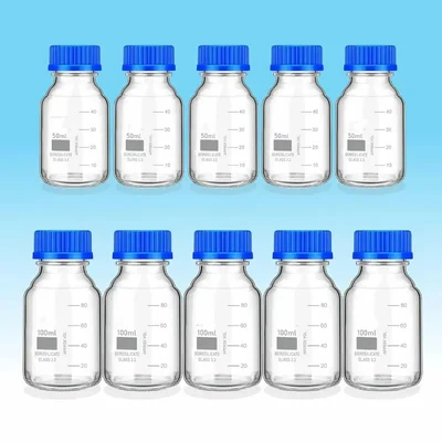 SBT Scientific Borosilicate 3.3 Glass Reagent Bottle of 50ml (5pcs) & 100ml (5pcs) with Leak Proof Blue Screw Cap