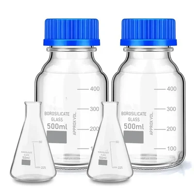 VVS 3.3 Borosilicate Glass Measuring Conical 50ml (2 Pcs) & Reagent Bottle 500ml (2 Pcs) Blue Screw Cap Lab Set (4 Pcs)