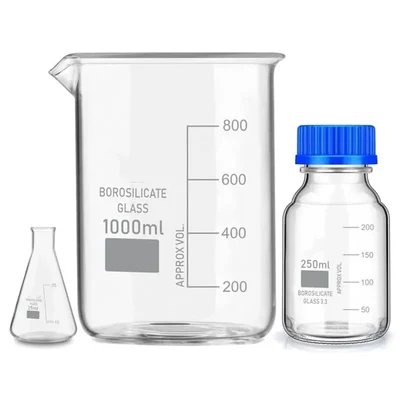 VVS Borosilicate 3.3 Labware Set 25ml Flask 1000ml Beaker 250ml Reagent Bottle Blue Cap 3 Pcs