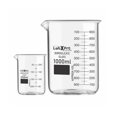 LABXPRT 250ml 1000ml Borosilicate 3.3 Glass Beaker Pack of 2 for School Chemistry Lab Graduation Marks