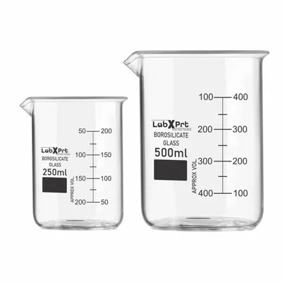 LABXPRT 250ml 500ml Borosilicate 3.3 Glass Beaker Pack of 2 for School Chemistry Lab Graduation Marks