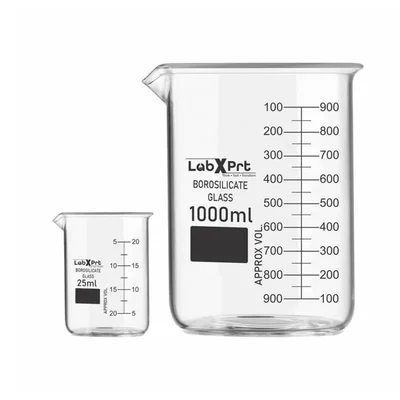 LABXPRT 25ml 1000ml Borosilicate 3.3 Glass Beaker Pack of 2 for School Chemistry Lab Graduation Marks