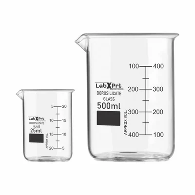 LABXPRT 25ml 500ml Borosilicate 3.3 Glass Beaker Pack of 2 for School Chemistry Lab Graduation Marks