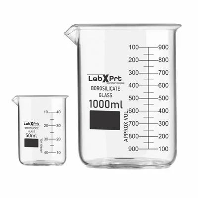 LABXPRT 50ml 1000ml Borosilicate 3.3 Glass Beaker Pack of 2 for School Chemistry Lab Graduation Marks