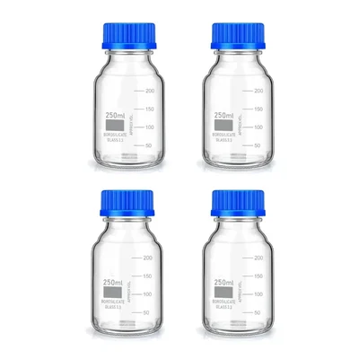 VVS 250ml Borosilicate Reagent Bottle Pack of 4 Leakproof Blue Cap used in laboratory