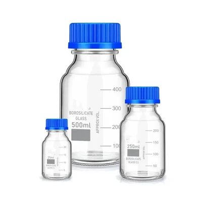 VVS Borosilicate 3.3 Glass Reagent Media Bottle Set (25ml, 250ml & 500ml) with Blue Screw Cap, Pack of 3
