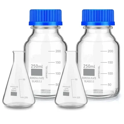VVS Borosilicate 3.3 Glass Lab Set: Conical 50ml x2 & Screw Cap Reagent Bottle 250ml x2, Pack of 4